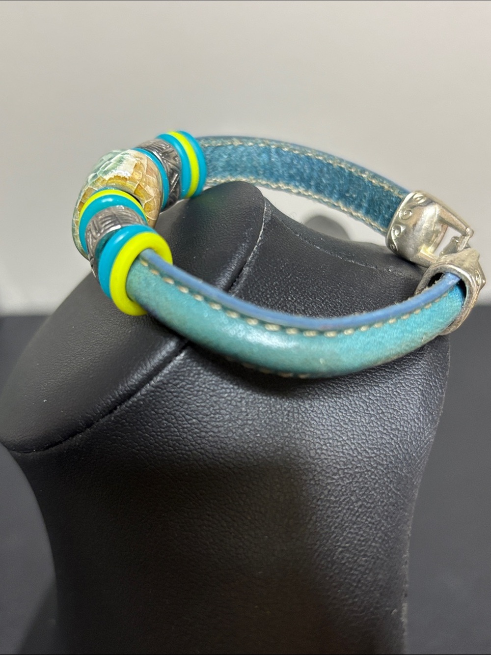Ceramic Leather Boho Blue Green Beaded  Bracelet - Picture 2 of 7